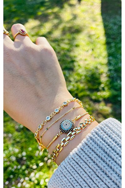 RM Bijuteri Gold Zirkon Taşlı Nazar Model 4 lü Bileklik Seti