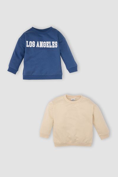 DeFacto Baby Boy Crew Neck με στάμπα μαλακό γούνινο λεπτό φούτερ 2 τεμαχίων D0706a524au