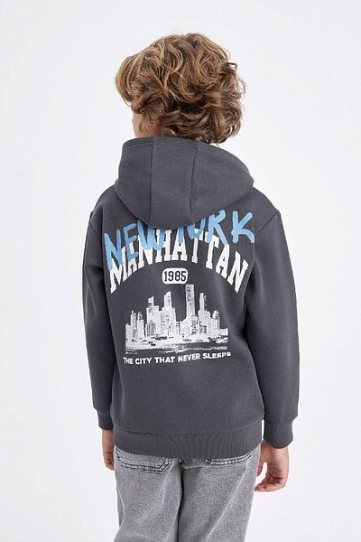 DeFacto Boy's Gray Hooded Pocket Back Printed Sweatshirt C9785A824Au