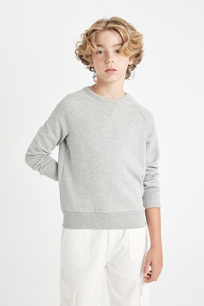 DeFacto Boy's Gray Crew Neck Cotton Basic Plain School Sweatshirt A4246A824Au