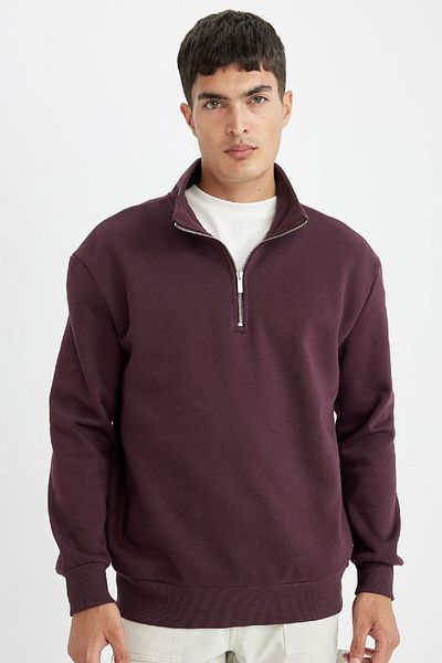 DeFacto Σκούρο Claret Red Relaxed Fit Stand γιακά με φερμουάρ Χοντρό φούτερ X7405az24au