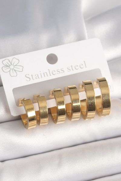 Mu Art Ahşap 316L Steel Gold Color Hoop Model Women's Earring Set