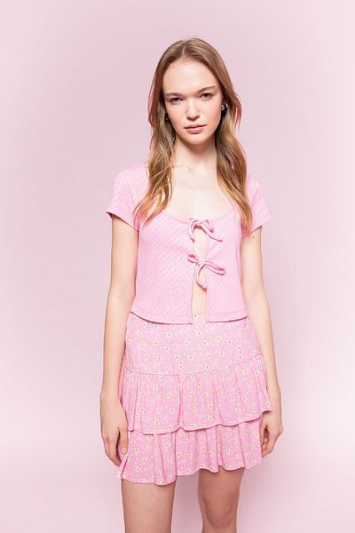 DeFacto Ribbed Camisole Cardigan - Short Sleeve, Tie Front, D1613AX24SM