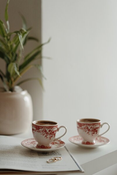 Dekorzdükkan İkili Vintage Desenli Porselen Kahve Fincan Seti (Kırmızı)