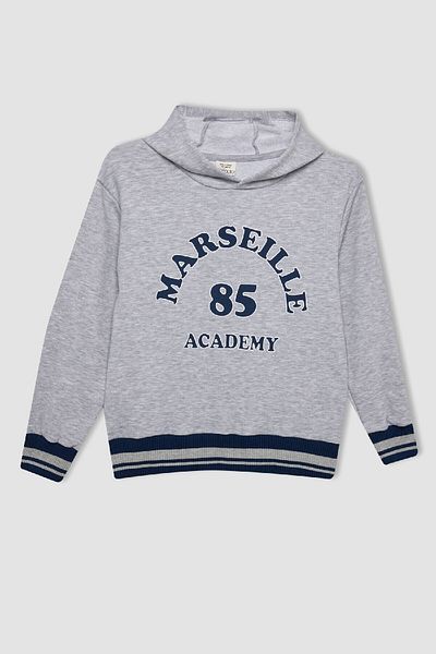 DeFacto Graues, mit Text bedrucktes, dickes Kapuzen-Sweatshirt für Jungen C9788a824au