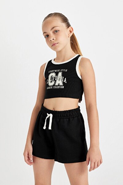 DeFacto Girls' 2-Piece Set of Ribbed Camisole, Crew Neck, Printed Sleeveless T-Shirt and Shorts D0073A824Hs