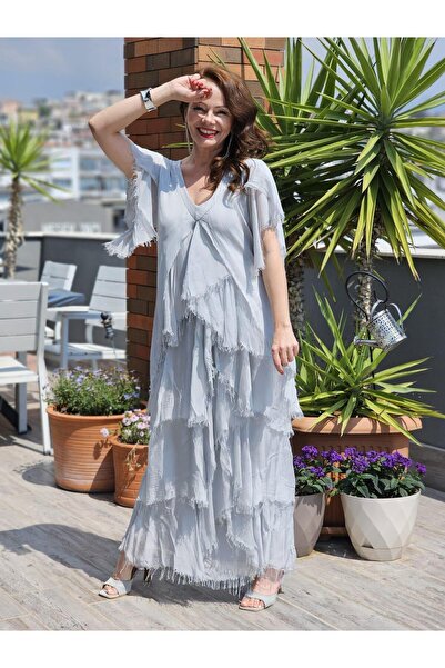 Felix Butik FELİX13481 Yakası Payetli Kısa Kol Katlı İthal İpekli Gri Elbise