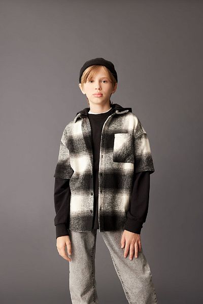 DeFacto Boy's Flannel Oversize Hooded Long Sleeve Shirt - C7510A824Wn