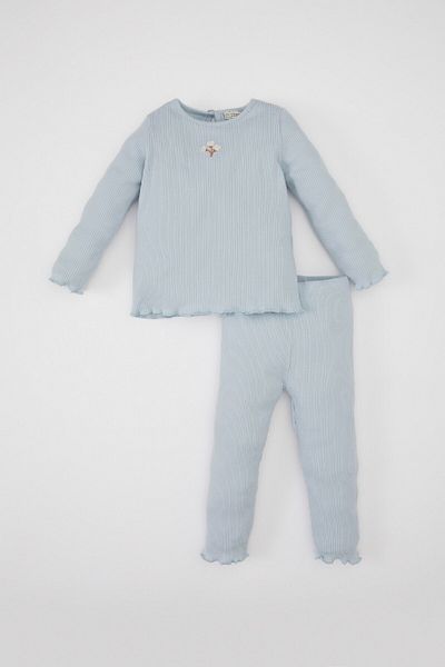DeFacto Floral Print Ribbed Long Sleeve T-Shirt and Elastic Waist Bottom for Baby Girl - Y1122A224Au