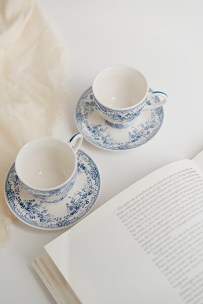 Dekorzdükkan İkili Vintage Desenli Porselen Kahve Fincan Seti ( Mavi )