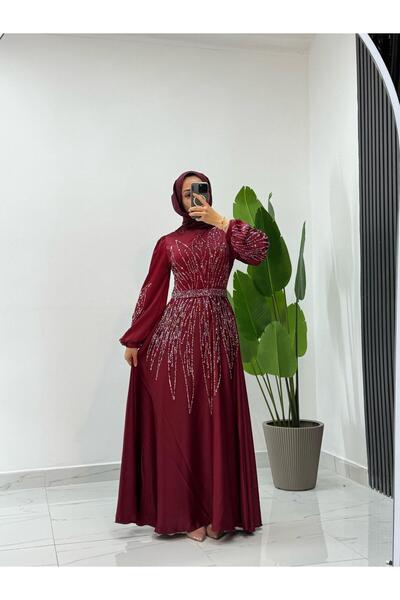 Modarana Saten Taş Detaylı Uzun Tesettür Abiye (NİŞAN-DÜĞÜN)