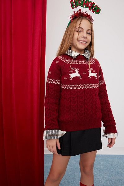 DeFacto Girl's Crew Neck Christmas Themed Knitwear Sweater D2672A824Wn