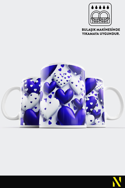 nilizma Navy Blue Heart Patterned Colorful Mug – 330 ml Mug | Stylish and Durable Design