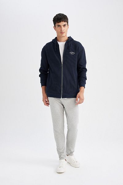 DeFacto Navy Blue Relax Fit Hooded Waffle Printed Zippered Sweatshirt with Pockets D2629Ax24Au