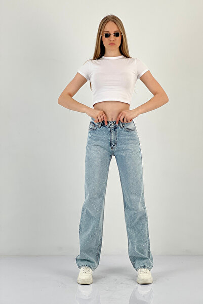 Miss Poem Dámské pytlovité široké džíny s kamínky ledově modré džínové kalhoty