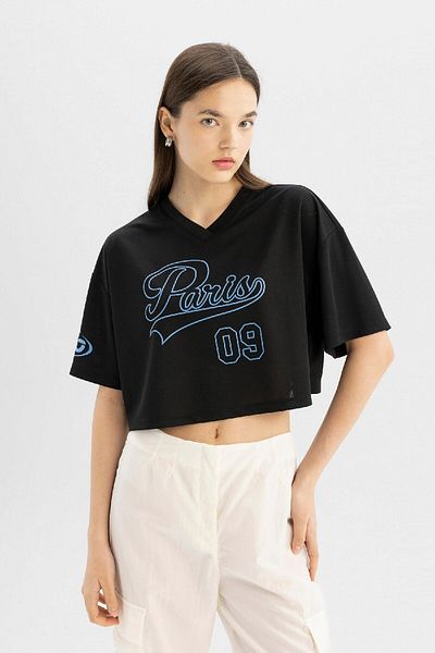 DeFacto Coool Oversize Wide Fit V-Neck Printed Short Sleeve T-Shirt D1420Ax24Sm