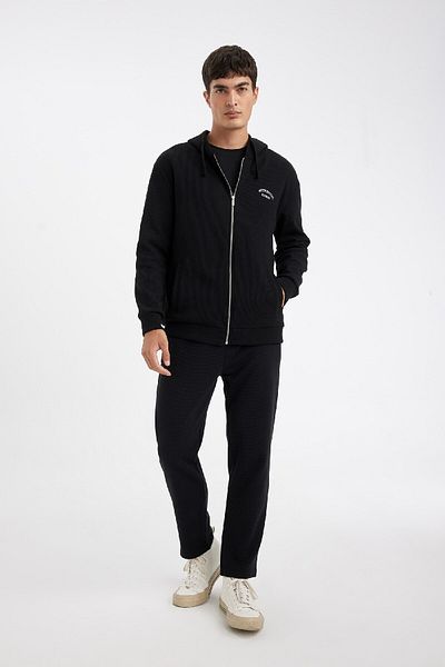 DeFacto Φούτερ Relax Fit Hooded Waffle Printed Φούτερ - Τσέπες και φερμουάρ D2629ax24au