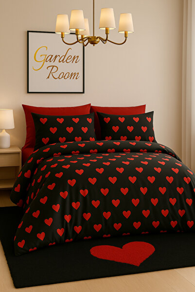 GARDEN ROOM Set de lenjerie de pat dublu inimă LEYLA negru/roșu - cu cearșaf ...