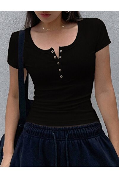 SEFUR Trend Crop Tişört Kısa Kollu Çıt Çıtlı T-shirt Short Sleeve