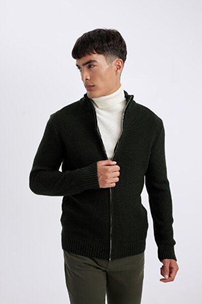 DeFacto Standard Fit Regular Cut Half Turtleneck Zippered Knitwear Cardigan R1195Az24Wn