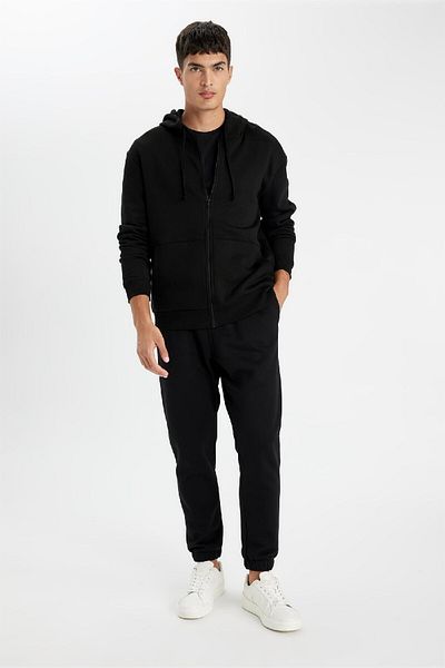 DeFacto Men's Black Regular Fit Hooded Soft Furry Zippered Thick Cotton Sweatshirt Cardigan