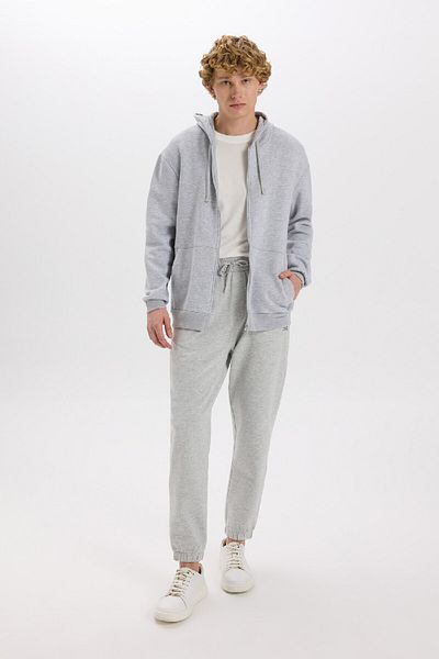 DeFacto Men's Gray Regular Fit Hooded Soft Furry Zippered Thick Cotton Sweatshirt Cardigan