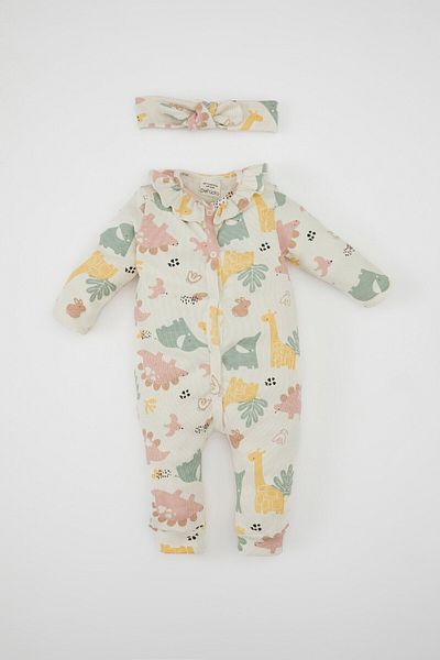 DeFacto 2-Piece Set for Newborn Baby Girls - Buttoned, Ribbed Camisole Romper and Headband