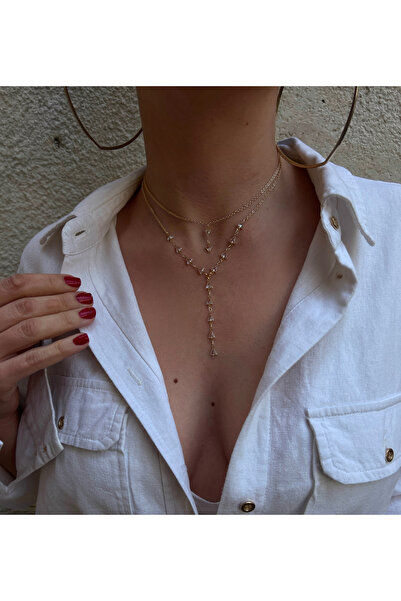 pop up store Zirkon Taşlı Kaplama İkili Altın Renk Kolye