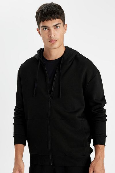 DeFacto Men's Black Regular Fit Hooded Soft Furry Zippered Thick Cotton Sweatshirt Cardigan