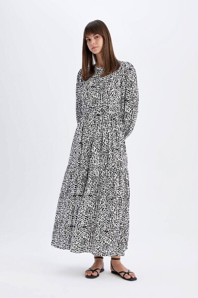 DeFacto Sukienka maxi z wiskozy z wzorem i okrągłym dekoltem i długimi rękawami - D2778Ax24Hs