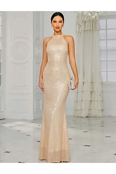 elissaa HALTER YAKA KOL BONCUKLU PUL PAYET ABİYE ELBİSE