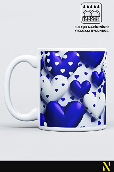 nilizma Navy Blue Heart Patterned Colorful Mug – 330 ml Mug | Stylish and Durable Design