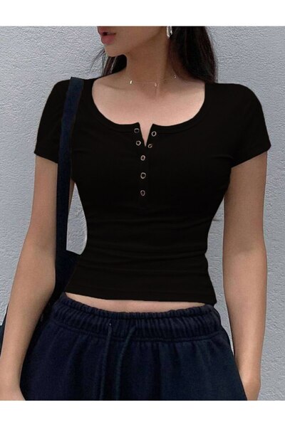 SEFUR Trend Crop Tişört Kısa Kollu Çıt Çıtlı T-shirt Short Sleeve