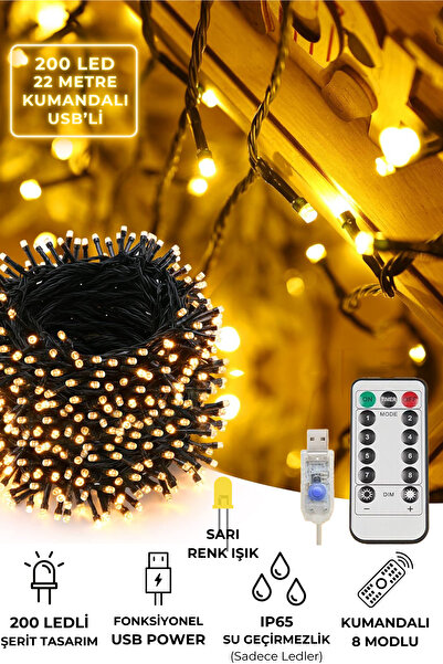 Technojet 200 Ledli Usbli Kumandalı 8 Modlu Şerit Led Işık Parti Süsleme Organizasyon Sarı Işık