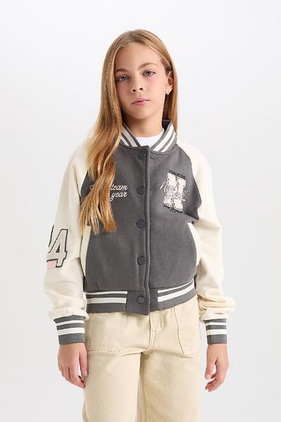 DeFacto Girl's Soft Feather Embroidered Bomber Cardigan - College Collar, Snap Closure D3108A824Wn