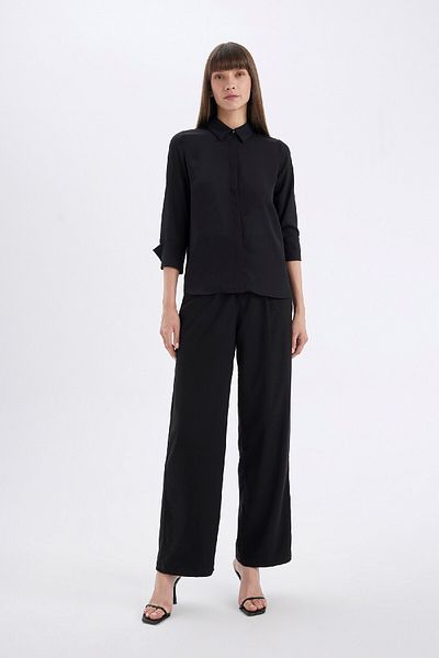 DeFacto Regular Fit Basic Plain Crepe Woven Long Sleeve Black Shirt D3151Ax24Au