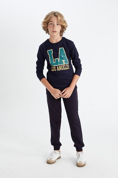DeFacto Boy's Crew Neck Text Printed Navy Blue Long Sleeve T-Shirt C9563A824Au