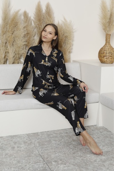 ETHEM TEKSTİL Long Sleeve Milan Pajama Set Leopard Patterned Mother-Daughter Combination