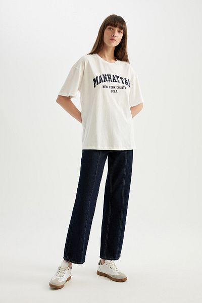 DeFacto Oversize Wide Fit Crew Neck Printed Combed Cotton Short Sleeve T-Shirt D1916Ax24Sm
