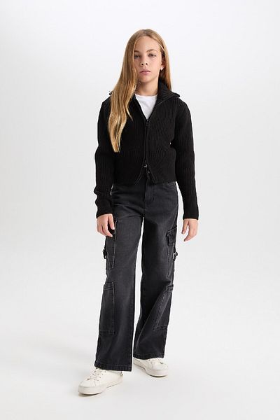 DeFacto Girl's Basic Plain Stand Collar Zippered Black Knitwear Cardigan C9557A824Wn
