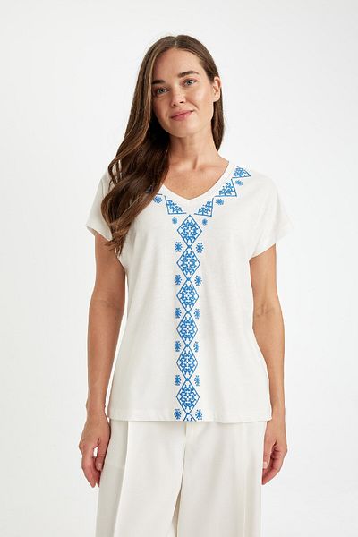 DeFacto V-Neck Puff Printed Combed Cotton Short Sleeve T-Shirt