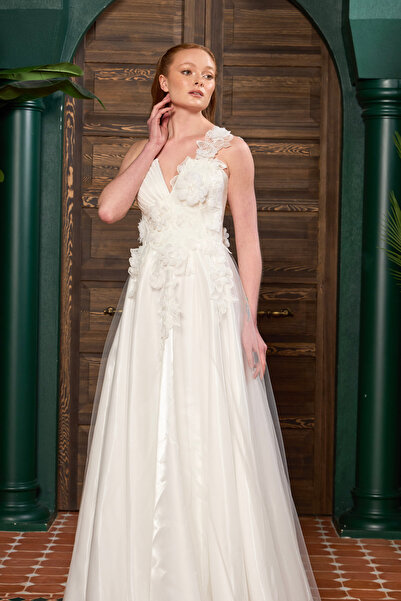 Lenta Moda Beyaz Üç Boyutlu Dantel Detaylı  ve Saten Drapeli Gelinlik ve Nikah Elbisesi