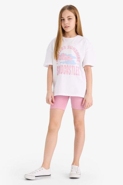 DeFacto Printed Short Sleeve T-Shirt Biker Leggings Pink Girl's Bottom-Top Set E5694A8/Pn454