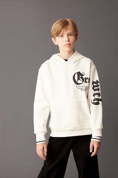 DeFacto Boy's Ecru Hooded Printed Thick Sweatshirt D3097A824Au