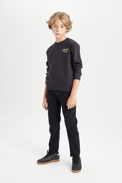 DeFacto Boy's Printed Crew Neck Printed Thick Black Sweatshirt D3091A824Au