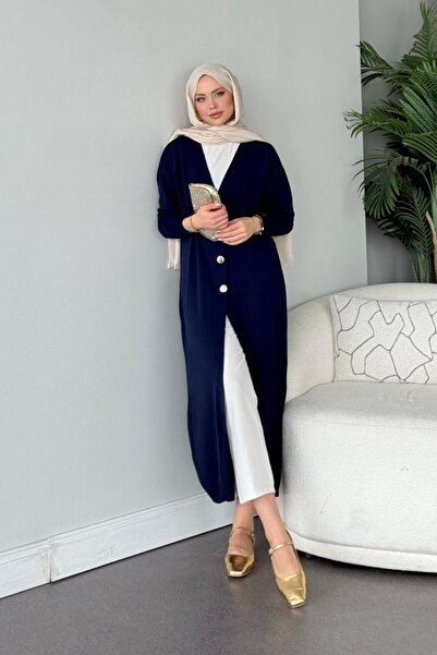 Hazamoda كارديجان طويل بحبل بارد أزرق داكن اللون الأزرق الداكن