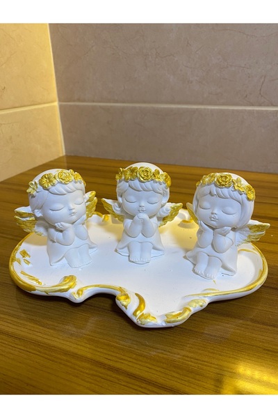 ELBUCOLECTION Tabak Sunumlu Vazolu Gold Detaylı Üçlü Melek Set