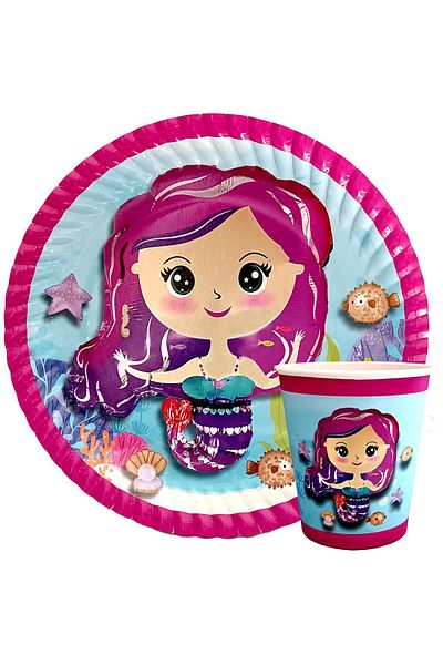 CUGY Mermaid Figured Birthday Set of 8 Plates and Cups