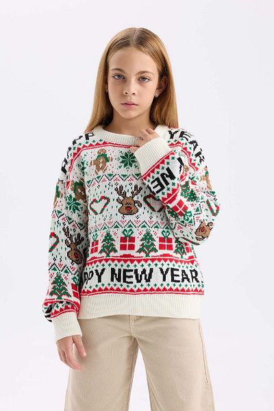 DeFacto Girl's Crew Neck Christmas Themed Knitwear Sweater D2675A824Wn