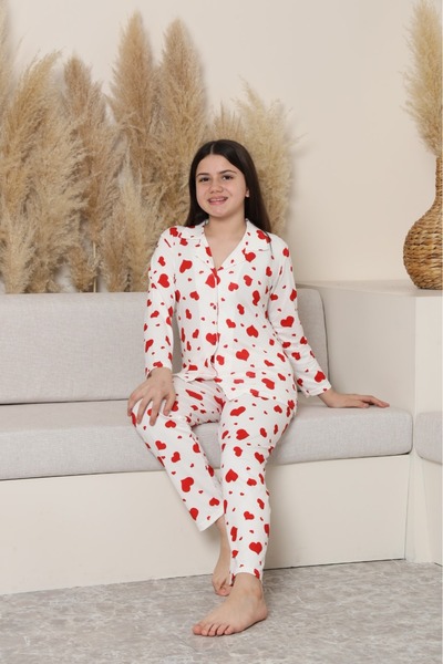 ETHEM TEKSTİL Long Sleeve Milan Pajama Set White Heart Mother-Daughter Combin